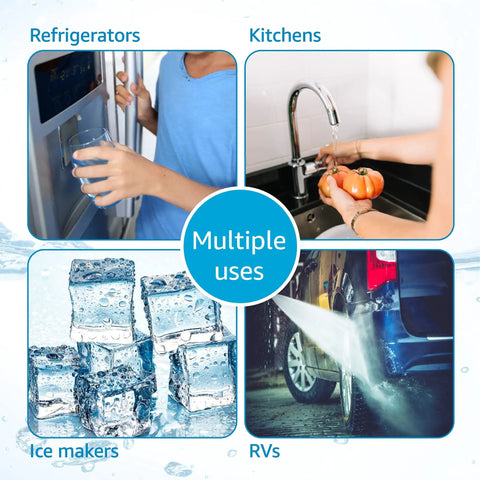 Collage showing uses for Replacement Under Sink Water Filter For Culligan 1000R in refrigerators, sinks, ice makers, and RVs.