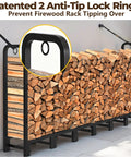 Heavy Duty 8ft Firewood Log Rack For Outdoor Use On Porch Or Backyard Keeps Fire Wood Neatly Stacked, 96 Inch Wide Steel Holder With Ground Clearance And Storage Organizer Black with patented lock rings.