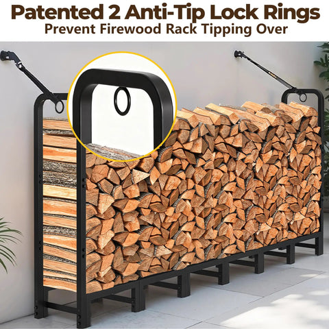 Heavy Duty 8ft Firewood Log Rack For Outdoor Use On Porch Or Backyard Keeps Fire Wood Neatly Stacked, 96 Inch Wide Steel Holder With Ground Clearance And Storage Organizer Black with patented lock rings.