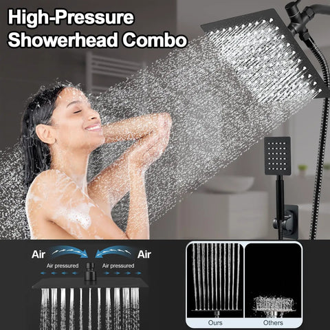 Square Rain Shower Head With Handheld Spray Bundle, High Pressure All Metal Shower Set in use with water flow in bathroom setting.