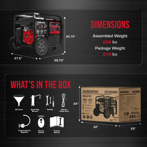 13,000-Watt Dual Fuel Portable Generator With 500cc Engine And Remote Electric Start Powering Your Home Or RV When The Grid Drops