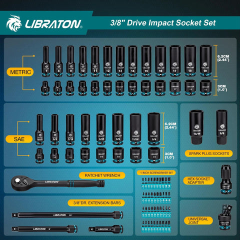 All In One Three Eighth Inch Socket Set 90 Piece SAE And Metric Impact Set With Deep And Shallow Sockets Cr V Steel Heavy Duty Build shown with components including metric sockets, SAE sockets, ratchet wrench, extension bars, and socket adapter.