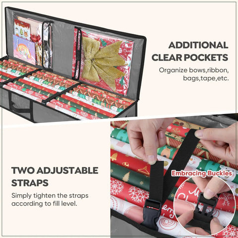 Soft Christmas Wrapping Paper Storage Bag 40 Inch Gift Wrap Organizer With Flexible Partitions And Pockets For Ribbon And Accessories Durable PE Tarpaulin Grey showing clear pockets and adjustable straps
