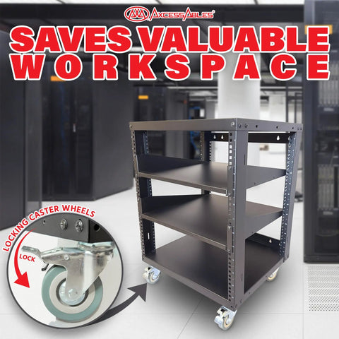 Killer 12U Open Frame 19 Inch Rack With Smooth Locking Casters And Dual Adjustable Shelves for AV Networking Rig in modern workspace.