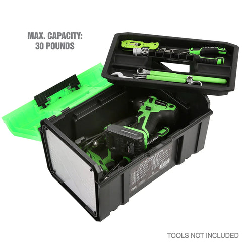Green 15 Inch One Touch Tool Box With Tray Openable With One Hand And Padlock Security Slot Durable Tool Storage For Home Garage Or Job Site Holds Up To 30 Lbs