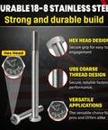 5/16-18 X 5 Inch Stainless Hex Head Bolts, 304 Stainless Steel, Coarse Thread USS, Heavy Duty Outdoor Grade Hardware For Decks, Fences, And DIY Projects; hex head close-up