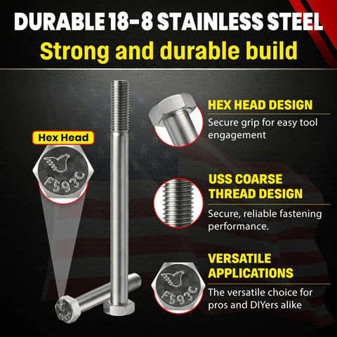 5/16-18 X 5 Inch Stainless Hex Head Bolts, 304 Stainless Steel, Coarse Thread USS, Heavy Duty Outdoor Grade Hardware For Decks, Fences, And DIY Projects; hex head close-up