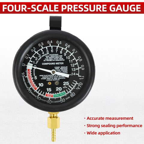 Front view of four-scale automotive fuel pressure and vacuum gauge with brass connector.
