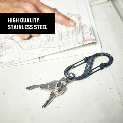 SlideLock Stainless Steel S Biner Dual Gate Carabiner With Locking Mechanism on table with keys, secure clip for gear