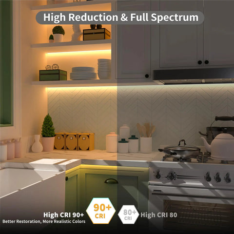 Lit 2700K COB LED Strip Light Kit illuminating kitchen shelves with warm white light, demonstrating high CRI under-cabinet lighting.
