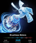 Close-up of a brushless motor illustrating quiet operation with ice crystals and sound levels. Rechargeable Portable Fan With 20000mAh Battery, USB C Powered, LED Lantern Included.