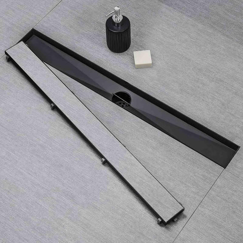 Black Slick 28 Inch Linear Shower Drain with Tile Insert 2 In 1 panel hair strainer leveling feet on tile surface