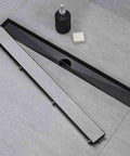 Black 36 Inch Linear Shower Drain With Flat Tile Insert 2 In 1 Panel 2 Inch Outlet 304 Stainless Steel Hair Strainer Leveling Feet