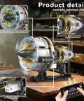 Aircraft Engine Building Kit With App Control Lighted Dope Mini Turbojet Model showcasing remote control features, glowing blue exhaust, chrome plating, and detailed components on display.