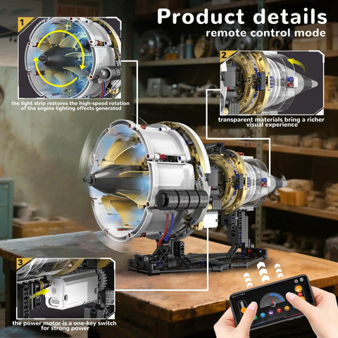 Aircraft Engine Building Kit With App Control Lighted Dope Mini Turbojet Model showcasing remote control features, glowing blue exhaust, chrome plating, and detailed components on display.