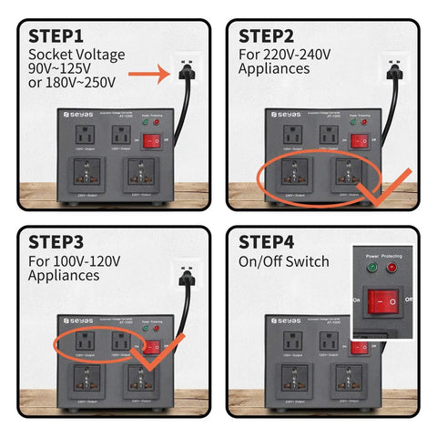 Step-by-step guide using 1000W Auto Voltage Converter Transformer 110-120V To 220-240V with soft start and full load features.