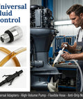 Hustle Free Lower Unit Gear Oil Pump With Sweet Precision Eight Cubic Centimeter Per Stroke Fits Standard Quart Jugs Featuring Three Eighth Inch Metal Swivel And Dual Adapters For Easy Outboard And Truck Differential Service in use with marine engine, showing flexible hose and pump.