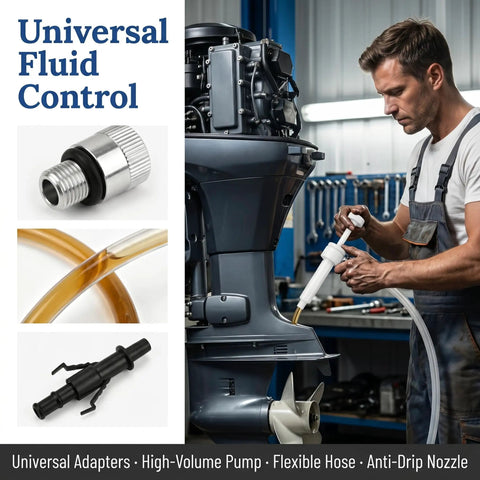 Hustle Free Lower Unit Gear Oil Pump With Sweet Precision Eight Cubic Centimeter Per Stroke Fits Standard Quart Jugs Featuring Three Eighth Inch Metal Swivel And Dual Adapters For Easy Outboard And Truck Differential Service in use with marine engine, showing flexible hose and pump.