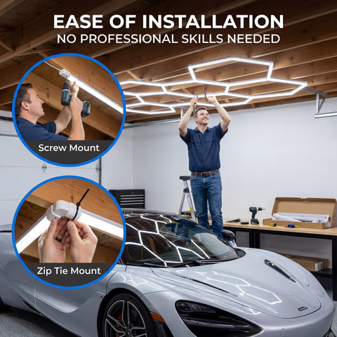 Installation of Hexagon LED Garage Lights 210W 25200LM 35 Pack Ultra Bright Ceiling Panels in a garage above a car
