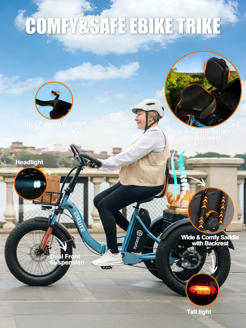 Electric Three Wheel Trike For Adults With Butterfly Handlebar For Upright Comfort Long Range 998.4Wh Battery 1200W Peak Motor 20X4 Fat Tires Foldable E Bike Up To 80 Miles Per Charge Black, side view with rider