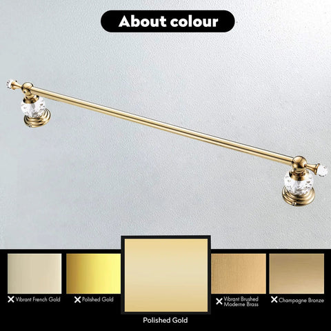 Gold Crystal Towel Bar With Adjustable Rack For That Boss Vibe Luxury Gold Finished Wall Mounted Towel Holder Space Saving Single Rail With Crystal End Balls And Bonus Hook For Bath Accessories shown in polished gold color.