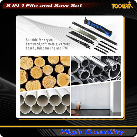 8-In-1 Adjustable Hand Saw With Quick Change Blades For Cutting Drywall Sheetrock Wood Metal Plastic And Plywood displayed with multiple blades and materials like wood, metal pipes, and drywall.