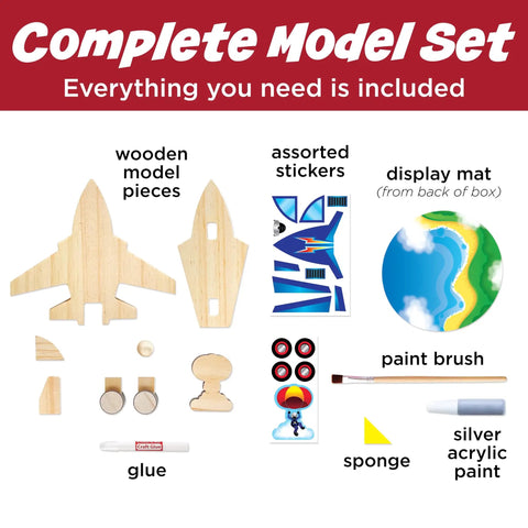 Jet Plane Ace Wooden Model Kit for Kids 5 and Up Easy Build STEM Craft Set with Pre-Cut Pieces and Glue components displayed