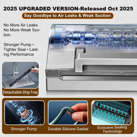 Pro Grade Food Vacuum Sealer Machine Fully Automatic Sealing System With Double Heat Seal Technology, interior view showing upgrades