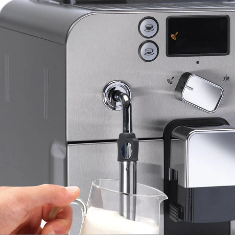 Close-up of Super Automatic Espresso Machine With One Touch Brewing Delivers Solid Daily Grinds And Straight Fire Shots That Hit Different Every Time In A Sleek Silver Body Made For Zero Hassle Home Brewing, showing milk wand and buttons.