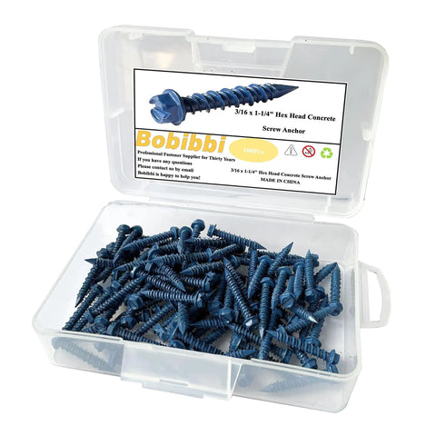 3/16 x 1-1/4 Inch Hex Head Concrete Screw Anchor For Masonry Brick And Block, 100 Pcs Set, open box showing screws