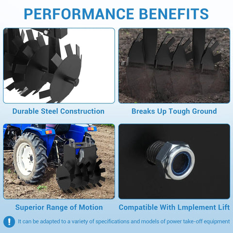 Performance benefits of 32 Inch Heavy Duty Disc Plow Harrow Two Pack For ATV UTV Tow Behind with durable steel and depth adjustment.