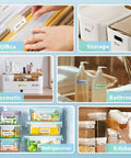 No Sweat Bluetooth Label Maker Mini Thermal Printer Pocket Sized Wireless Labeling Machine For Quick Errands And Daily Drives No Ribbon Required Super Handy Everyday Carry labels on various storage items in office, bathroom, kitchen.