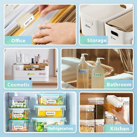 No Sweat Bluetooth Label Maker Mini Thermal Printer Pocket Sized Wireless Labeling Machine For Quick Errands And Daily Drives No Ribbon Required Super Handy Everyday Carry labels on various storage items in office, bathroom, kitchen.