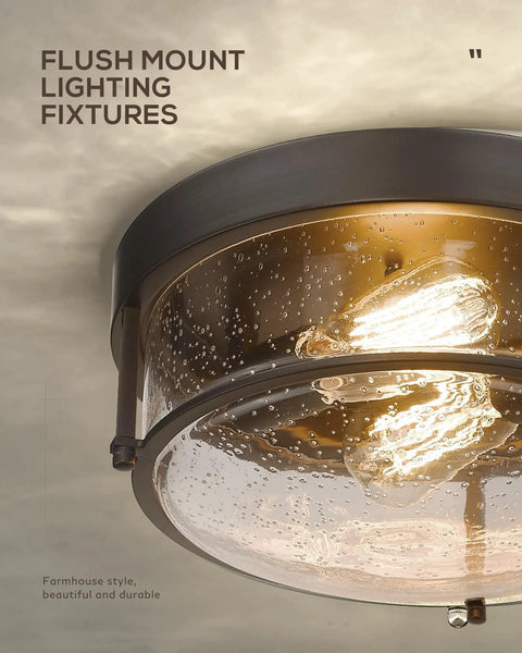 Oil Rubbed Bronze Farmhouse Flush Mount Ceiling Light With Seeded Glass Shade, showcasing rustic textured glass detail