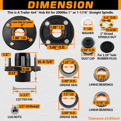 Dimensions of 4x4 Inch Trailer Hub Kit for 2000 Lb Straight Spindle 1 Inch or 1 and 1 Sixteenth Inch Fits 4 Bolt Idler Hubs