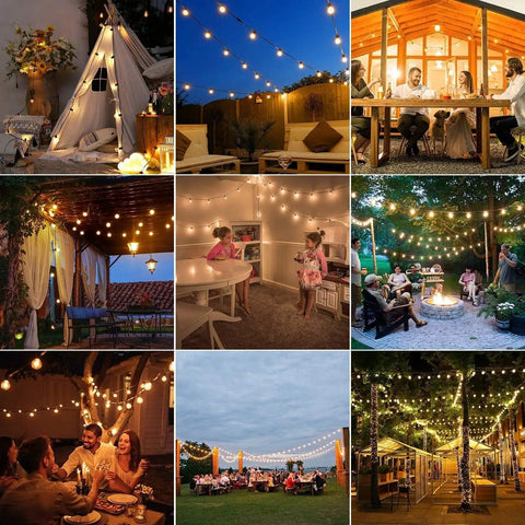 G40 Globe LED Outdoor String Lights 100 Ft IP65 Waterproof creating cozy vibes in various outdoor settings with shatterproof bulbs.