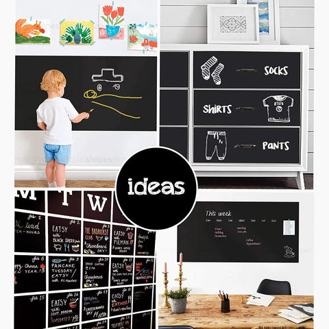 Extra Large Chalkboard Peel And Stick Vinyl Roll Nine Feet Long with Five Color Chalk on walls, drawers, and weekly planner