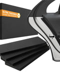 Garage Wall Protector For Cars And Home Heavy Duty Self Adhesive Foam Bumpers Guard Car Door Dings And Scratches 360 Degree Impact Protection Tough As Nails Tool Free Installation Durable Diamond Textured Pads shown with black car door and stacked four black foam pads