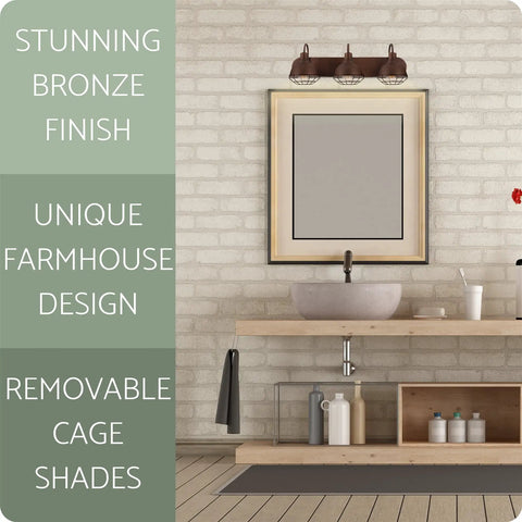 Three Light Modern Industrial Farmhouse Vanity Light in Brushed Bronze Finish for Bathrooms above mirror, cage frame