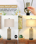 Rattan Table Lamps Set Of 2 With Dual USB Ports And Rotary Switch Boho Cream Fabric Shade Nightstand Lamps On and Off view.