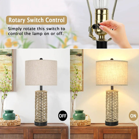 Rattan Table Lamps Set Of 2 With Dual USB Ports And Rotary Switch Boho Cream Fabric Shade Nightstand Lamps On and Off view.