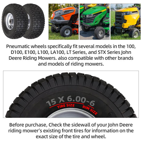 Front Tire And Wheel Assembly 15x6.00-6 For Riding Mower And Lawn Tractor, 4 Ply Pneumatic With Turf Tread, 2 Pack Ready To Roll