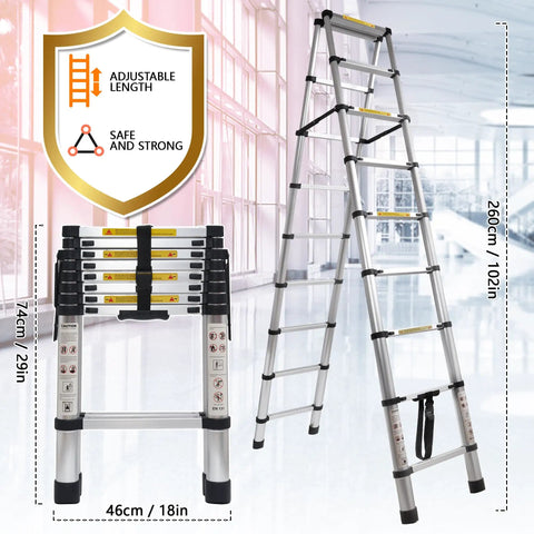 8.53 Ft A Frame Aluminum Telescoping Ladder With 9 Plus 9 Steps Silver Built Tough Like A Workhorse For Home Projects Holds Up To 330 Lb Lightweight And Sturdy For Garage Roof And Loft Tasks.
