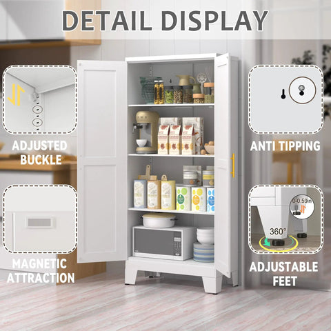 Top Shelf White Metal Pantry Cabinet With Solid Storage Shelves For Killer Home Organization And Tight Floor Space Saving Designs That Offer Reinforced Steel Build Plus Sleek Electrostatic Finish