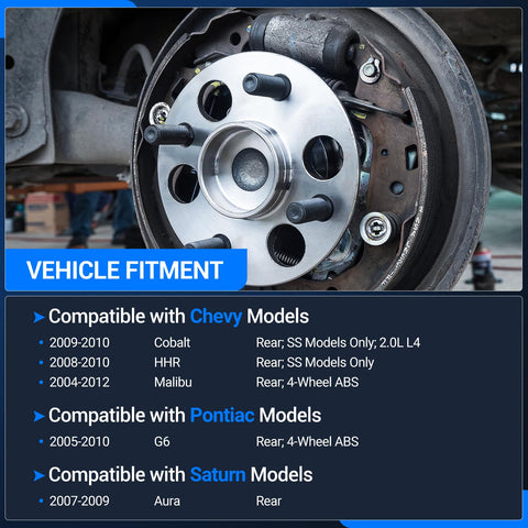 Rear Wheel Bearing And Hub Assembly 512285 For Chevy Cobalt HHR Malibu Pontiac G6 Saturn Aura 5 Lug Wheel Hub Assembly With ABS System And Flange Offset OEM Quality Replacement Part installed view
