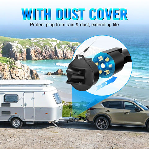 7 Way Trailer Cord 8 Ft With Junction Box Heavy Duty Waterproof Copper Blade Molded Plug For Secure Easy Wire Connections And Tidy Trailer Wiring Harness with dust cover