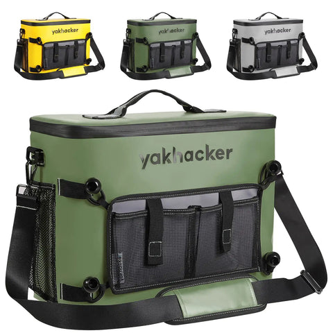 Waterproof Kayak Cooler Bag With Seat Back Design in green, yellow, and grey, portable ice chest for kayaking and travel.