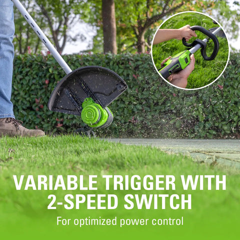 Gutsy Cordless String Trimmer And Lawn Edger With Brushless Motor Delivering Raw Torque Plus 13 Inch Cutting Path in use on grass.