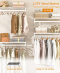 Heavy Duty Workhorse Wall Mounted Closet Shelves With Hanging Rod Four Pack Floating White Wire Shelving For Laundry Room And Garage Organization Straight Shooter Setup with clothing and linens.