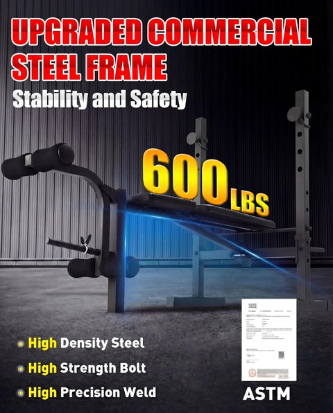 Beefy Heavy Duty Weight Bench Set With Squat Rack 600 Lb Capacity Adjustable Bench Press showing steel frame and features.
